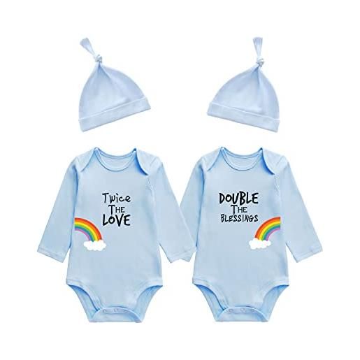 culbutomind body gemelli per neonati, doppia benedizione, per neonati, a maniche lunghe, con cappello per bambini, blu doppia benedizione, 9-12 mesi