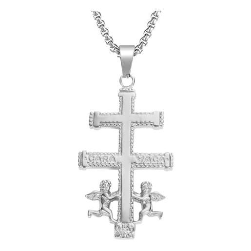 BOBIJOO JEWELRY - ciondolo croce di caravaca di protezione in acciaio inox argento placcato oro+catena - acciaio inossidabile