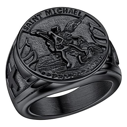 FaithHeart anello uomo san michele amuleto in acciaio inox 316l antiallergico argento nero retro rilievo 3d misure it 14-32 disponibili gioielli talismano regalo compleanno