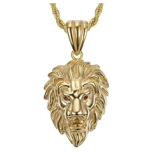 BOBIJOO JEWELRY - collana ciondolo testa di leone in acciaio inox dorato oro rosso rubino occhi catena