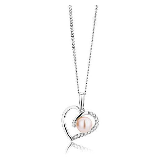 MIORE collana da donna | design a forma di cuore | argento sterling 925 | con perle d'acqua dolce rosa da 6 mm e 12 zirconi | catena in argento | gioielli da donna, argento sterling perla, zirconia