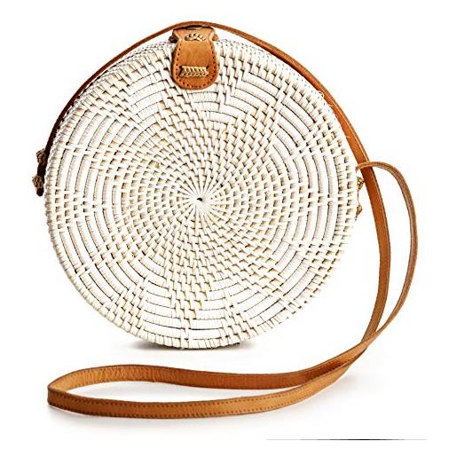 Novum Crafts borsa rotonda da donna in rattan, realizzata a mano, in vimini, marrone e bianco, a tracolla, in stile bohémien, bianco, diameter: 7 3/4" (20 cm), contemporaneo