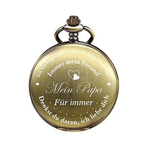 TREEWETO orologio da taschino da uomo inciso regalo papà orologio da taschino vintage con catena per uomini, regalo di compleanno, regalo di anniversario, regalo per la festa del papà, bronzo