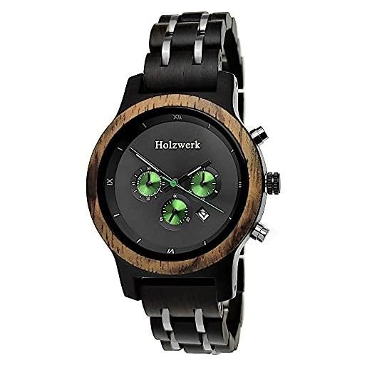 Holzwerk Germany®, orologio da donna realizzato a mano in legno ecologico, cronografo, orologio analogico al quarzo nero, marrone, verde, data, quadrante in legno