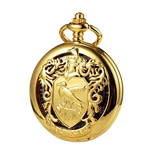 TREEWETO orologio da taschino meccanico unisex con doppia copertura a forma di scheletro steampunk, per uomo e donna, con catena e confezione regalo, colore: oro