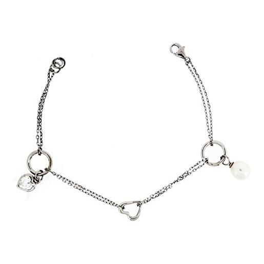 Orphelia bracciale da donna in argento 925 rodiato cristallo taglio a cuore perla sintetica bianca 19 cm - za-1813, 19 cm, argento sterling, cristallo perla
