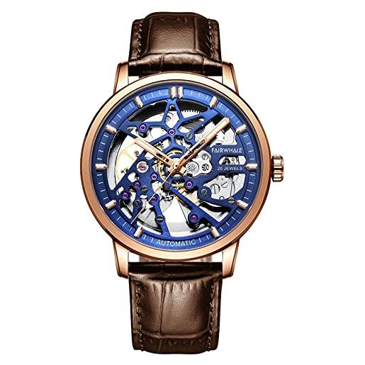 TEINTOP orologi da uomo automatico scheletro orologio uomo orologio da polso in pelle meccanica, oro rosa, blu. 