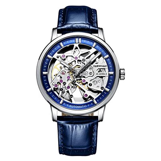 TEINTOP orologio da uomo automatico meccanico scheletro orologi con cinturino in pelle, argento blu, retro
