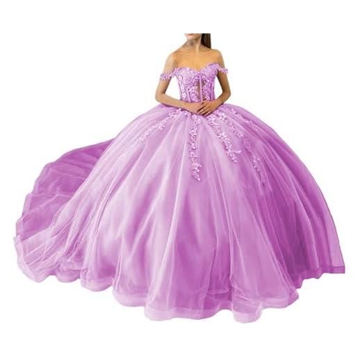 WSEYU abiti quinceanera con paillettes scintillanti abiti da concorso con spalle scoperte in pizzo con abito da ballo in tulle gonfio principessa treno, rosa, 34