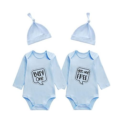 culbutomind body gemelli per neonati, a maniche lunghe, con cappello per bambini, blu uno gratis, 0-3 mesi