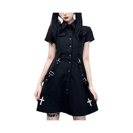 Vagbalena goth vestito punk gotico harajuku estate mini vestito nero delle donne della camicia manica corta emo vestiti (nero, xl)