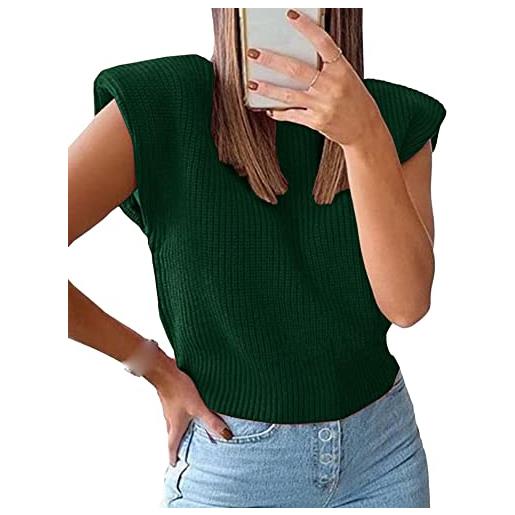 xxxiticat crop - maglione da donna, elegante, elegante, con spalline, senza maniche, collo alto, a spalla larga, verde, s