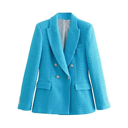 CABULE blazer da donna in tweed doppio petto a quadri vintage a maniche lunghe con taschino, colore: blu, s