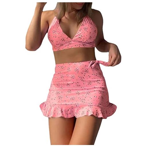 Vagbalena floreale delle donne 3 pezzi costume da bagno halter bikini costume da bagno con cover up skirt (rosa, l)