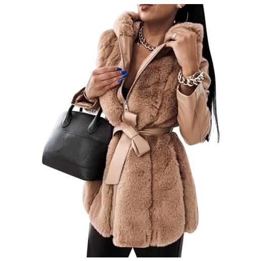 ORANDESIGNE giacca da donna in finta pelle con colletto in pelliccia sintetica e cintura linea ad a cappotti invernali a maniche lunghe alla moda cappotti invernali caldi e cachi xs