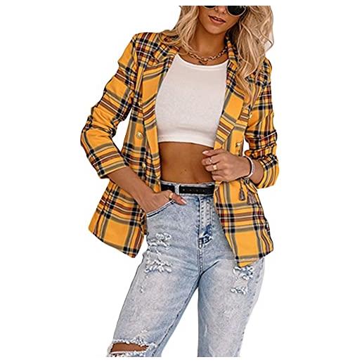 DAIHAN blazer corto da donna a quadri in tartan con maniche a 3/4, giacca aperta davanti, colletto, cardigan elegante per ufficio e business, rosso, xl