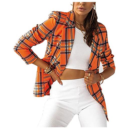 DAIHAN blazer corto da donna a quadri, in tartan, con maniche a 3/4, giacche aperto davanti colletto giacca di costume cardigan blazer elegante ufficio business blazer top, arancia, l
