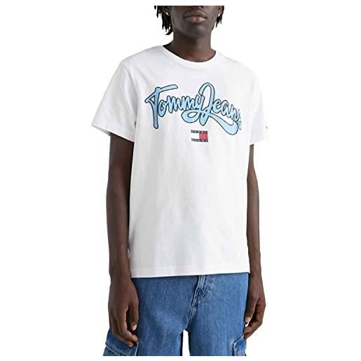 Tommy Hilfiger tommy jeans t-shirt manica corta da uomo marchio tommy jeans, modello reg college pop text dm0dm16403, realizzato in cotone. Bianco