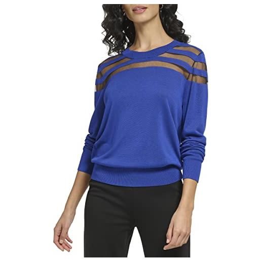 DKNY maglione a righe con carré in rete trasparente girocollo, blu cobalto profondo, m donna