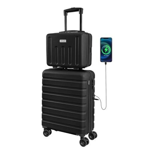 AnyZip set di 2 valigia e borsa da toilette, bagaglio a mano pc abs valigia trolley rigido ultra leggero con usb chiusura tsa e 4 ruote doppie girevoli (nero)