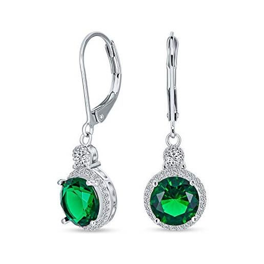 Bling Jewelry 3.5ct verde solitario rotondo halo cz orecchini a pendente con leva simulazione di smeraldo zirconia cubica ottone placcato in rodio