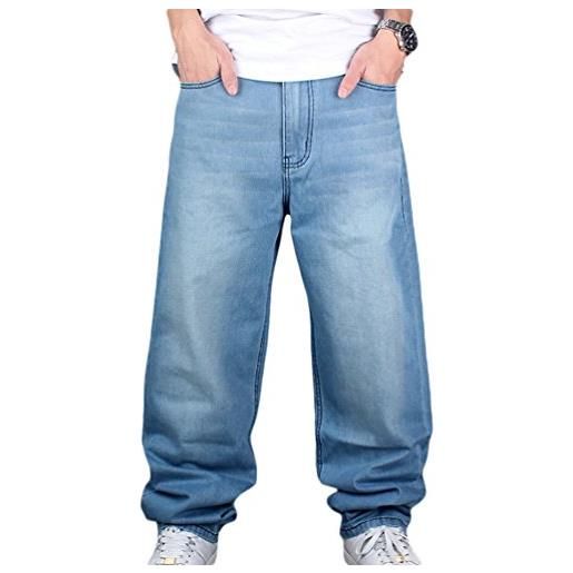 Dexinx uomo ragazzi solido semplice pantaloni di colore allentato jeans estate urbano ballo di strada denim lunghi azzurro 30