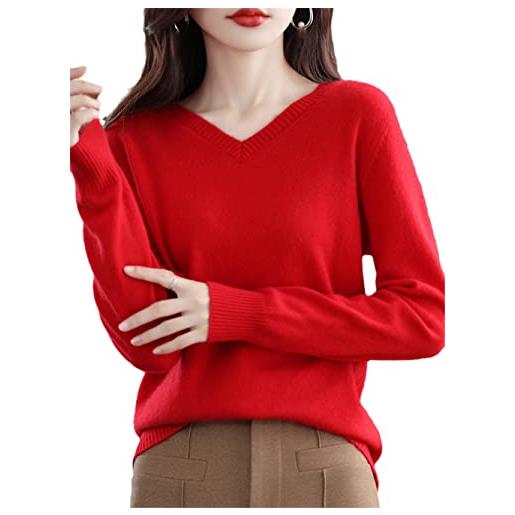 Youllyuu 100% lana merino cashmere maglione donna scollo a v pullover autunno inverno maglioni top, rosso, l