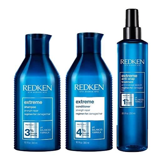 Redken extreme shampoo 300ml + balsamo 300ml + anti-snap 150ml | kit professionale, ripara i capelli danneggiati e contrasta le doppie punte
