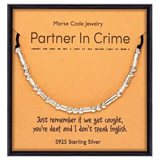 Suyi - braccialetto da donna con codice morse per la migliore amica, con perline in argento sterling per la festa della galentina e argento, colore: partner in crime, cod. Fba-bt300-brt-picrime. New