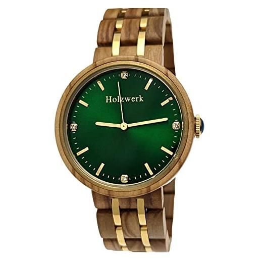 Holzwerk Germany® - orologio da donna realizzato a mano, in legno ecologico, colore: marrone, oro, verde, in legno, analogico, classico, al quarzo, verde