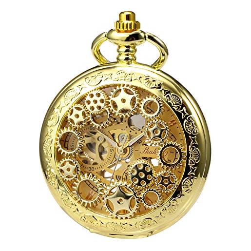 TREEWETO orologio da tasca unisex con catena, analogico, caricamento a mano, ruota dentata anticata, decorato, oro romano