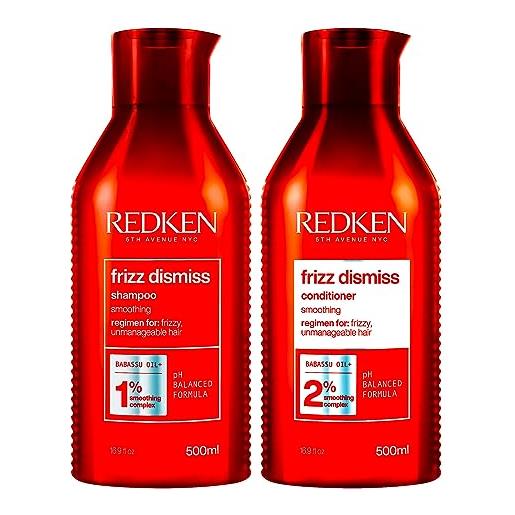 Redken frizz dismiss shampoo 500 ml + balsamo 500ml | routine professionale, combatte il crespo per capelli da normali a crespi | big size