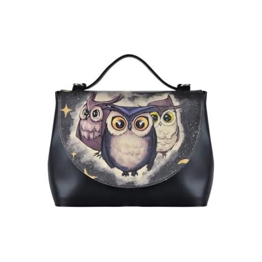 DOGO femme cuir vegan noir fait main et mode sac à main - owls family motif