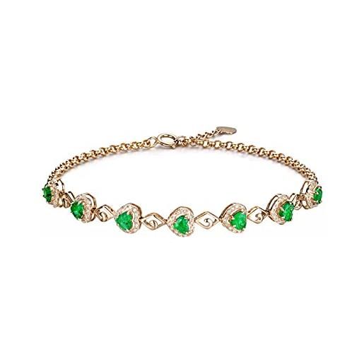 Epinki bracciale donna in oro giallo 18k smeraldo 1ct verde cuore con diamante bianco catena 18cm