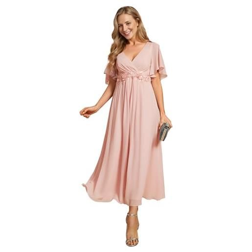 Ever-Pretty abito da sera da donna vita impero maniche corte pieghettato collo a v elegante casuale rosa 42
