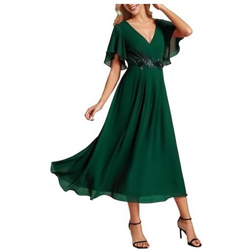 Ever-Pretty vestito donna elegante abito cerimonia donna con applique e collo v midi maniche a volant chiffon stile impero denim blu 44