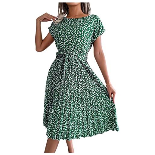 Generic abito estivo da donna con cintura altalena pieghettata manica corta a-line abiti midi motivo floreale vita alta (color: green, size: m)