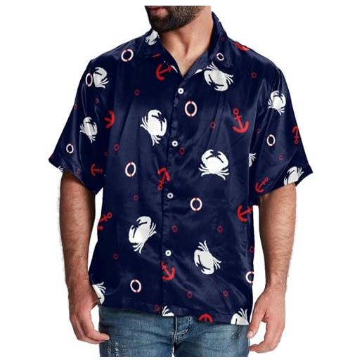 Generic camicia hawaiana da uomo a maniche corte con bottoni, camicia estiva causale con granchio bianco, ancora, sfondo blu navy, multicolore, xl