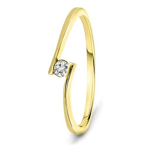 Miore gioielli anello solitario da donna, vero oro giallo 9kt 375 diamante naturale taglio brillante ct. 0,05. Anello di fidanzamento classico con brillante solitario, anello anallergico