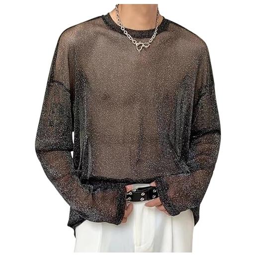 AIEOE maglia da uomo trasparente top sexy clubwear uomo maglia manica lunga sottile pizzo shirt, nero 07. , xl