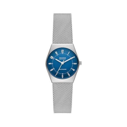Skagen grenen orologio per le donne, movimento a energia solare con cinturino in acciaio inossidabile o in pelle, tono argento e blu, 26mm
