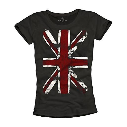 MAKAYA magliette bandiera inglese union jack t-shirt donna uk nera m