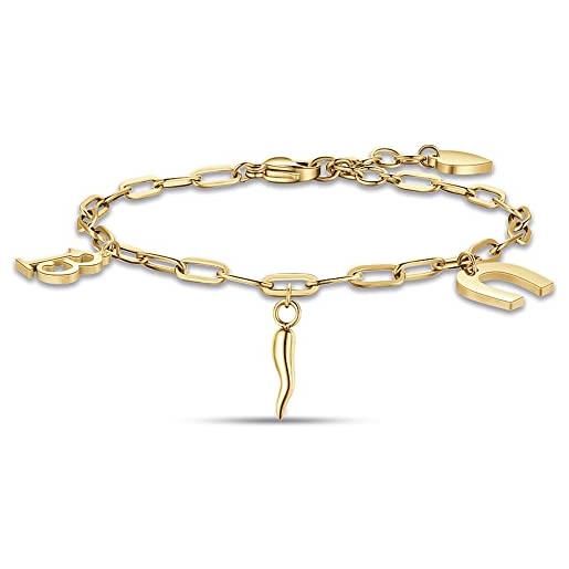 Luca Barra bracciale da donna bracciale in acciaio dorato con 13, ferro di cavallo e corno. Lunghezza: 17 + 3 cm. La referenza è bk2152