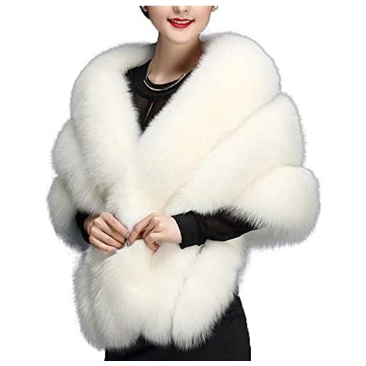 JOEupin mantello lungo scialle da donna in pelliccia di volpe di lusso per l'inverno, bianco, etichettalia unica