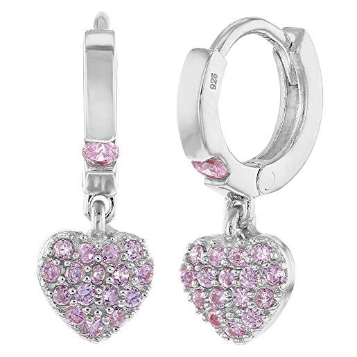 In Season Jewelry orecchini in argento sterling 925, con chiusura ad anello e ciondolo a forma di cuore, decorato con piccoli zirconi cubici, per bambine e ragazze, colore: rosa