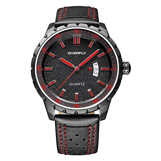Haonb orologi da polso, orologio da uomo modello fire con orologio al quarzo con calendario da esterno per attività sportiva, cintura nera con perno rosso