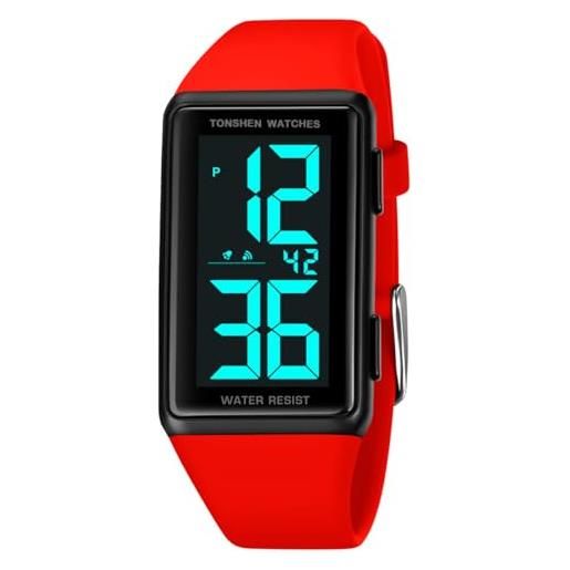 TONSHEN sportivo digitale orologio 50m impermeabile led elettronico retroilluminazione numeri grandi cronometro plastica cassa gomma cinturino outdoor orologi da polso (rosso)