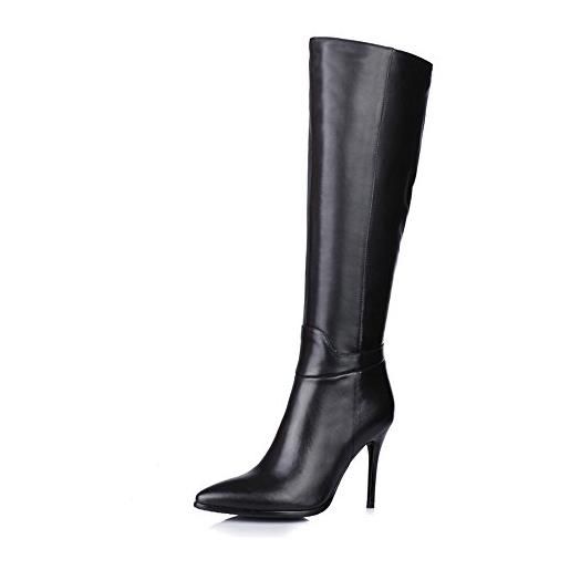 Fashion Heel stivali da donna in vera pelle a punta con zip laterale, fatti a mano, tacco alto a spillo, nero, 38 eu