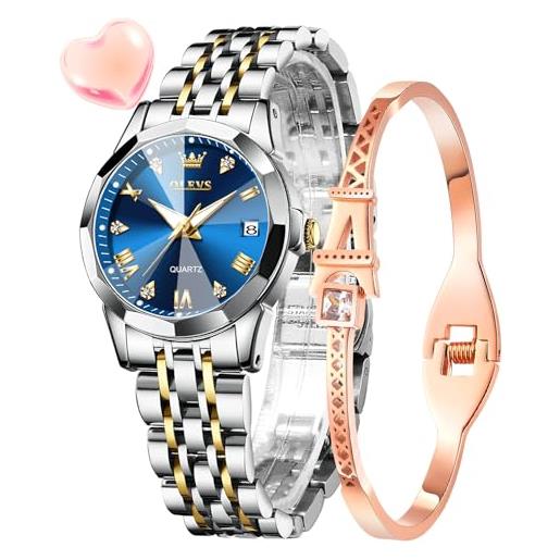 OLEVS orologio da donna con diamanti, analogico, al quarzo, da donna, in acciaio inox, impermeabile, luminoso, alla moda, elegante, set regalo, 9931l blu/oro/argento