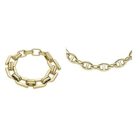 Fossil collana e bracciale a catena heritage d-link da donna, acciaio inossidabile tonalità oro